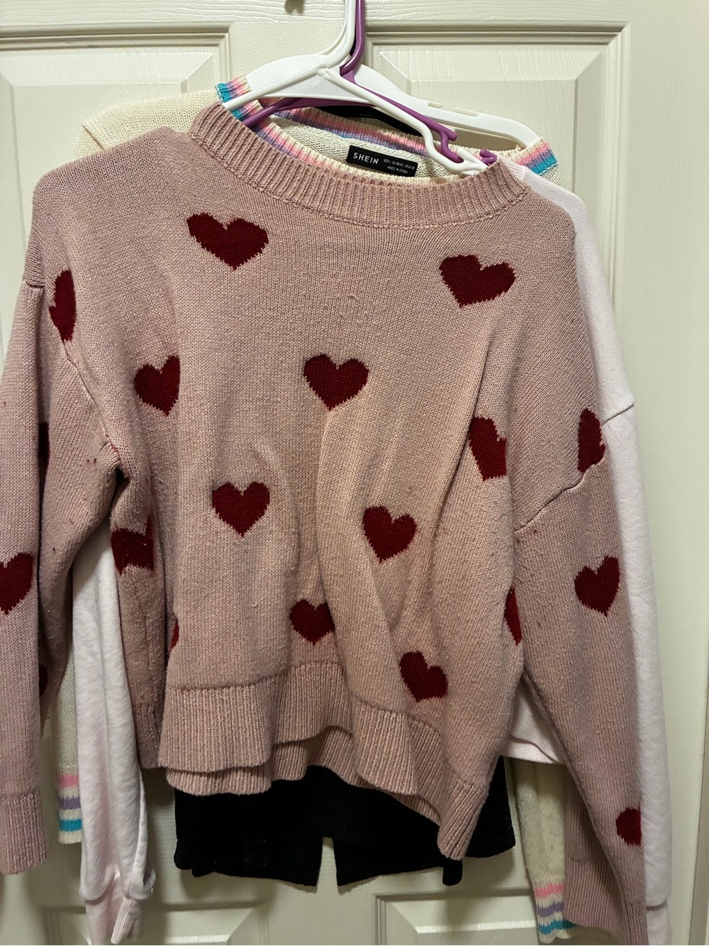 SHEIN Pink Crewneck Sweater with Red Heart Intarsia